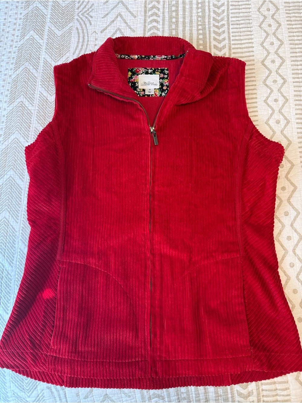 Bright Red Corduroy Zip-Front Vest with Stand Collar